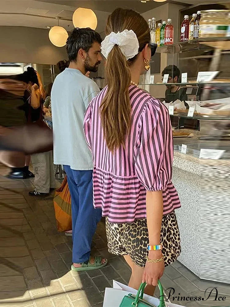 Tie Up Striped Round-neck Baggy Short Sleeve Blouse