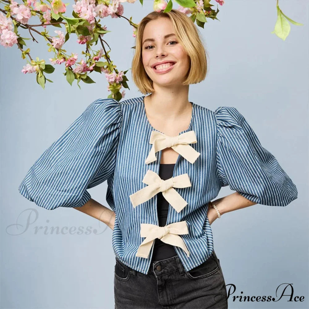 Tie Up Striped Round-neck Baggy Short Sleeve Blouse