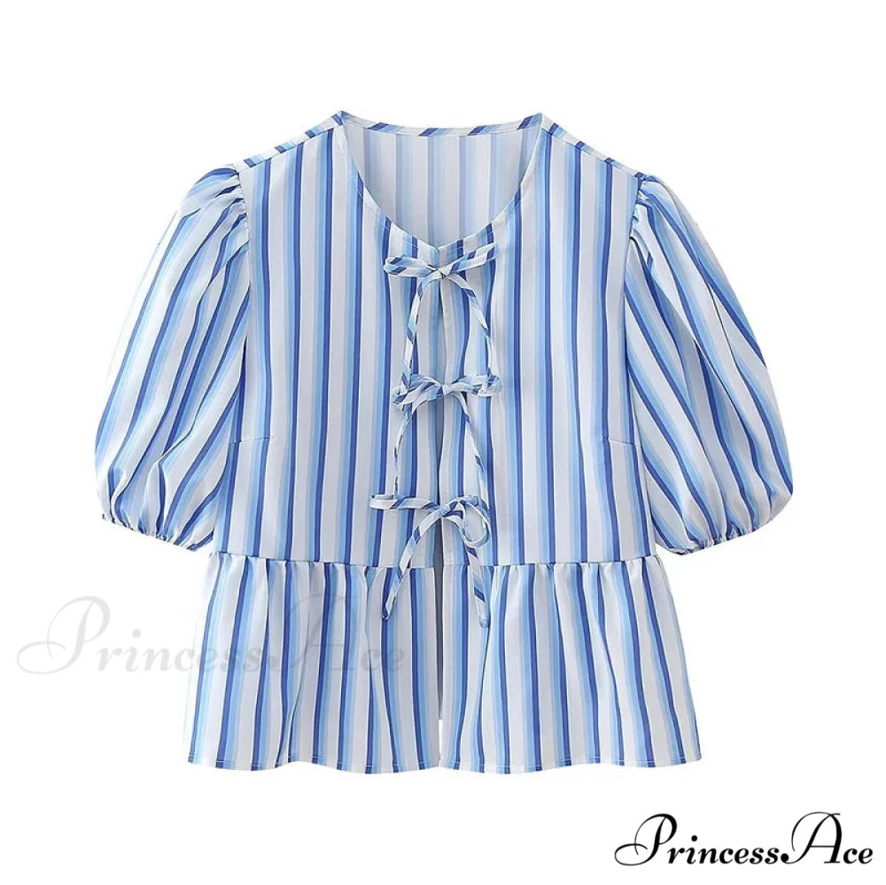 Tie Up Striped Round-neck Baggy Short Sleeve Blouse