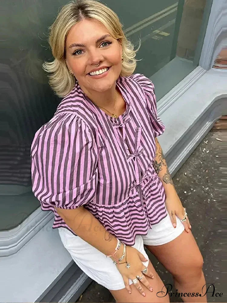 Tie Up Striped Round-neck Baggy Short Sleeve Blouse