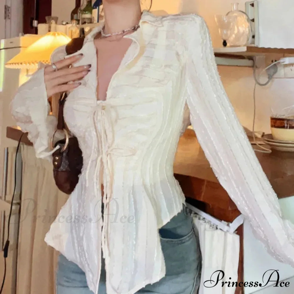 Tie Up Top Fold-over Collar Ladies Top