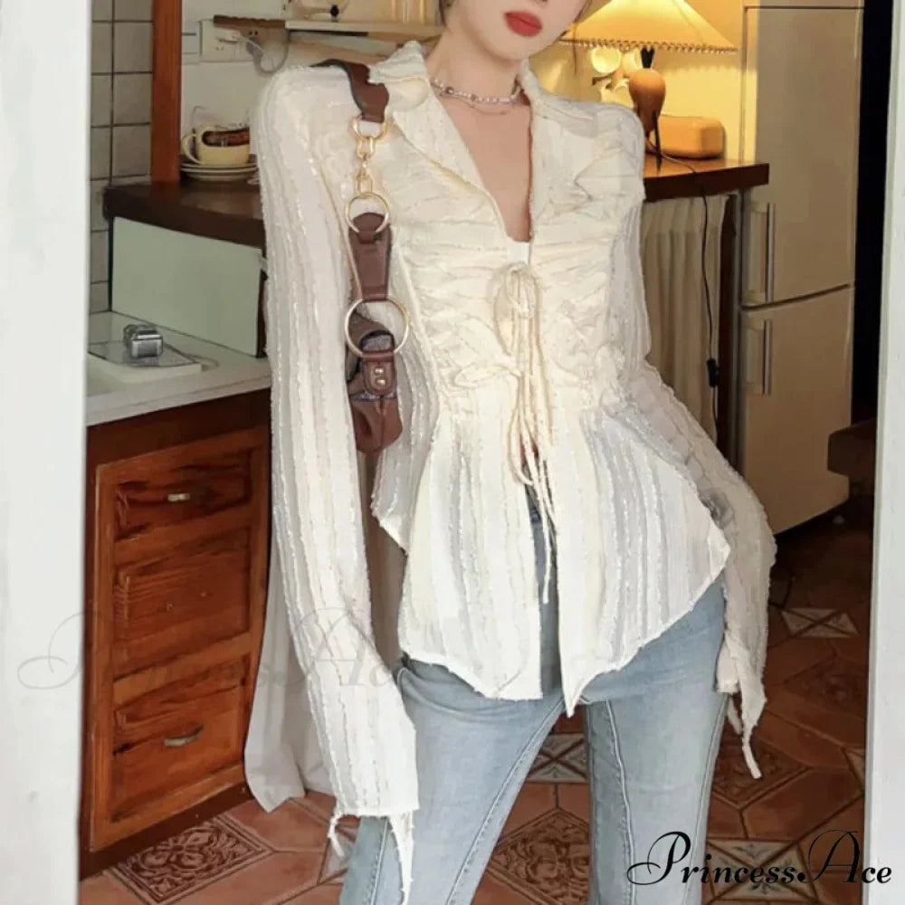 Tie Up Top Fold-over Collar Ladies Top