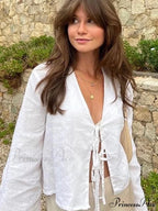 Tie-Up V-neck Relaxed Informal Long Sleeve Blouse