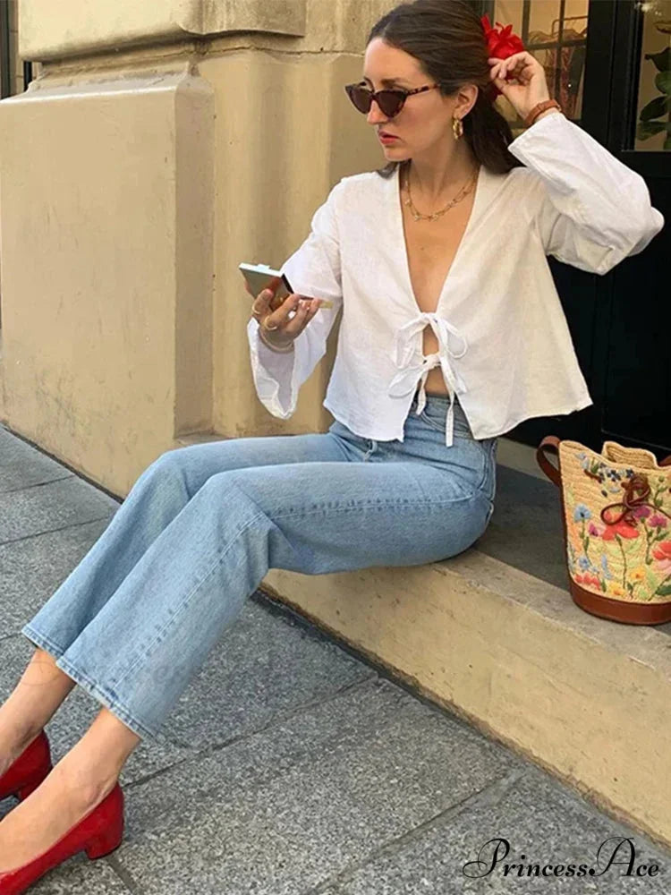 Tie-Up V-neck Relaxed Informal Long Sleeve Blouse