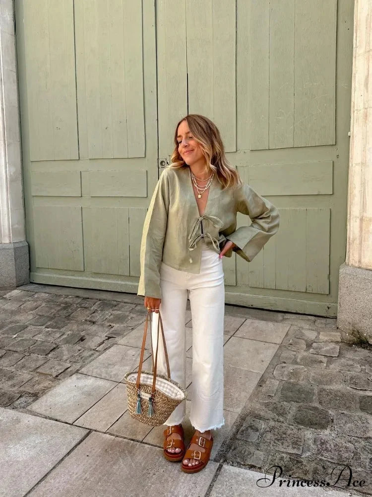 Tie-Up V-neck Relaxed Informal Long Sleeve Blouse