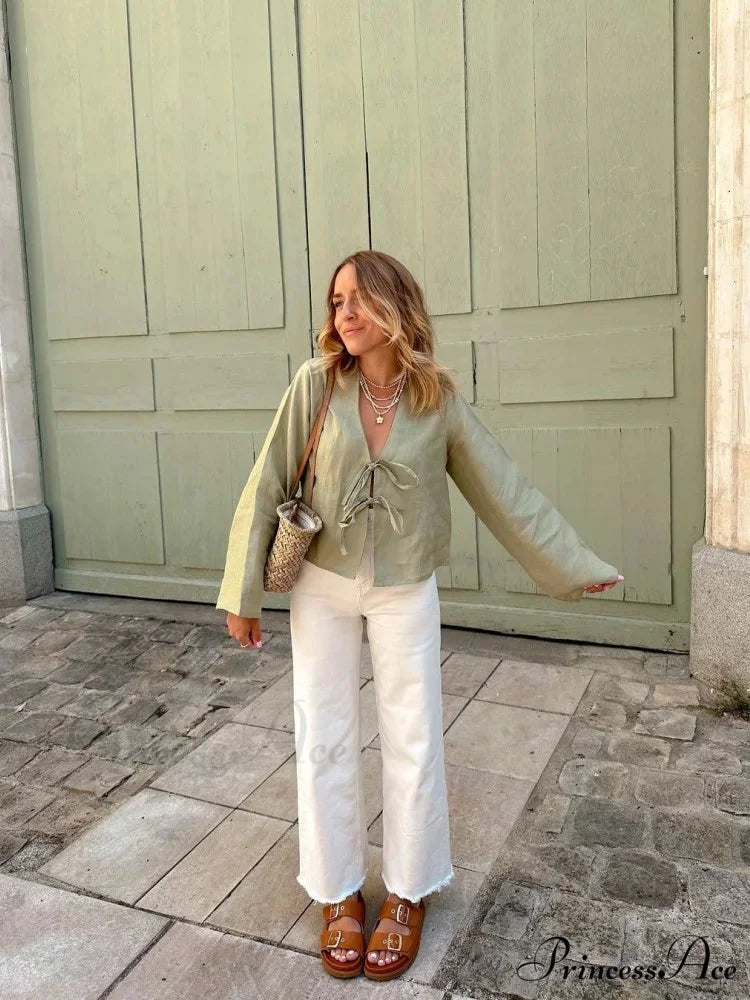 Tie-Up V-neck Relaxed Informal Long Sleeve Blouse