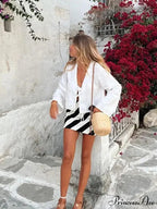 Tie-Up V-neck Relaxed Informal Long Sleeve Blouse