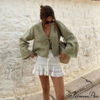 Tie-Up V-neck Relaxed Informal Long Sleeve Blouse