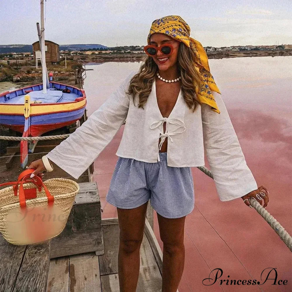 Tie-Up V-neck Relaxed Informal Long Sleeve Blouse