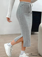 Tie Waist High-Waisted Drawstring Slit Knitted Solid Trendy Comfortable Skirt