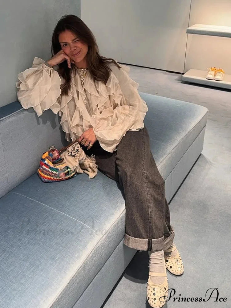 Tiered Frilled Long Sleeve Ivory Top