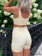 Tight Fit Fruit Bow Print Sleeveless Camis Crop Top with Bodycon Biker Shorts Set