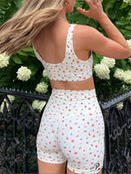 Tight Fit Fruit Bow Print Sleeveless Camis Crop Top with Bodycon Biker Shorts Set