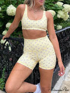 Tight Fit Fruit Bow Print Sleeveless Camis Crop Top with Bodycon Biker Shorts Set