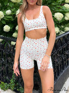 Tight Fit Fruit Bow Print Sleeveless Camis Crop Top with Bodycon Biker Shorts Set