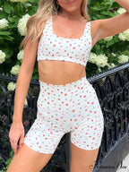 Tight Fit Fruit Bow Print Sleeveless Camis Crop Top with Bodycon Biker Shorts Set