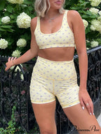 Tight Fit Fruit Bow Print Sleeveless Camis Crop Top with Bodycon Biker Shorts Set