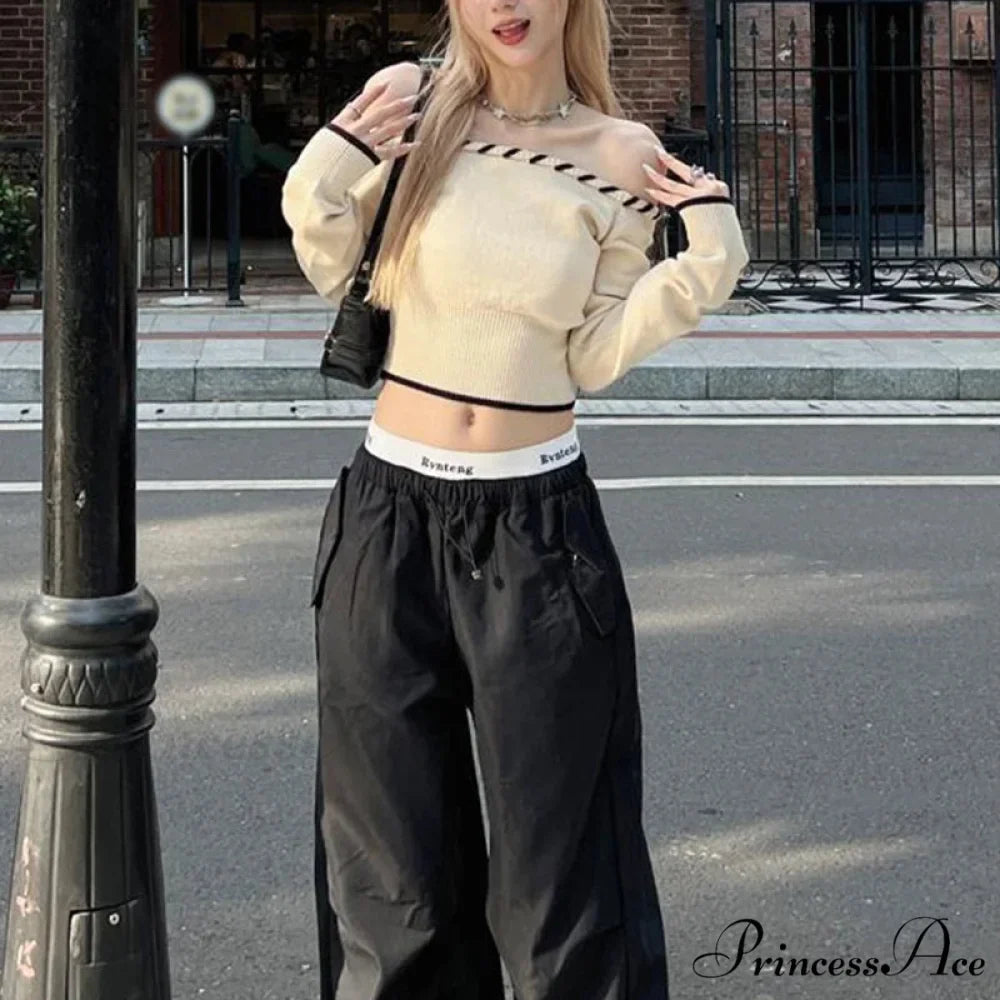 Tight Fit Korean Off-Shoulder Knitted Boat Neck Knit Top