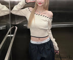 Tight Fit Korean Off-Shoulder Knitted Boat Neck Knit Top