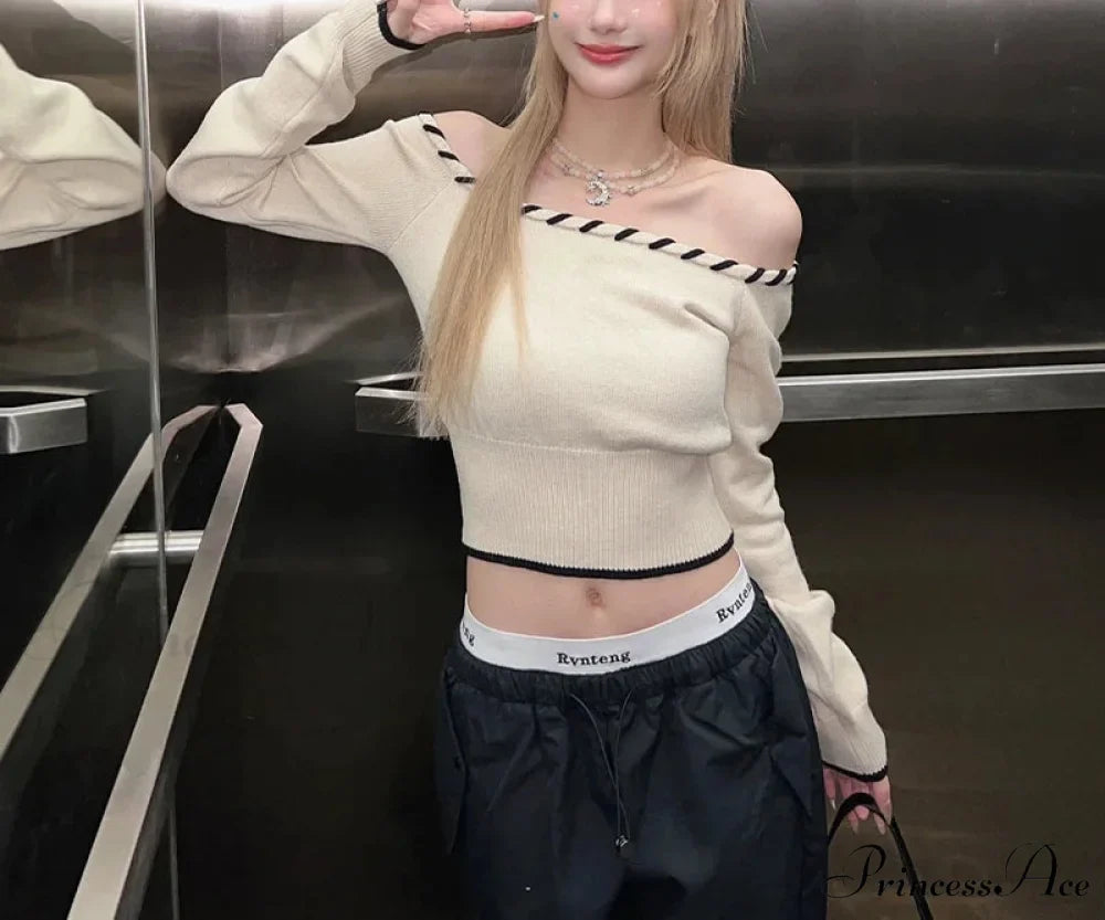 Tight Fit Korean Off-Shoulder Knitted Boat Neck Knit Top