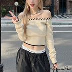 Tight Fit Korean Off-Shoulder Knitted Boat Neck Knit Top