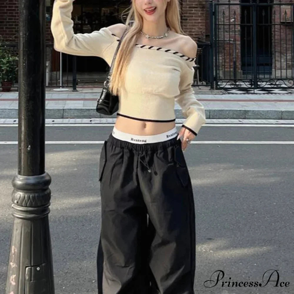 Tight Fit Korean Off-Shoulder Knitted Boat Neck Knit Top
