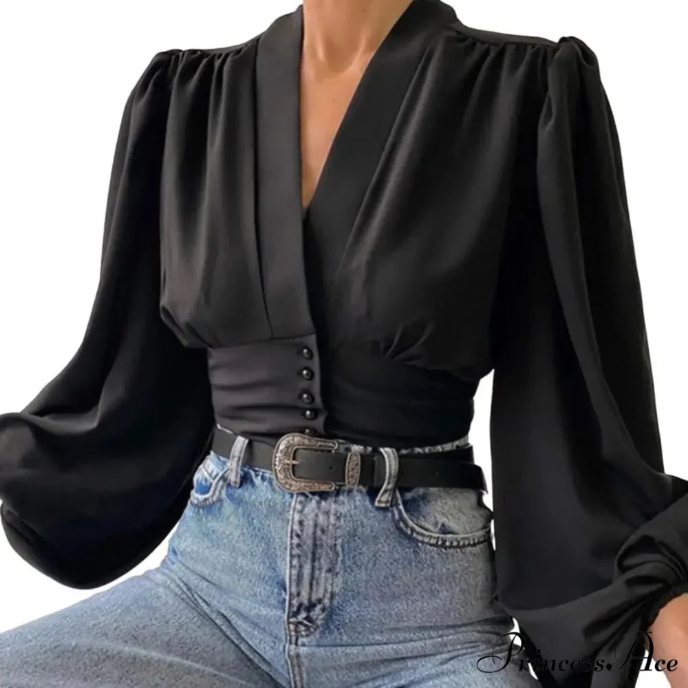 Tight Fit V Neck Cropped Lantern Blouse