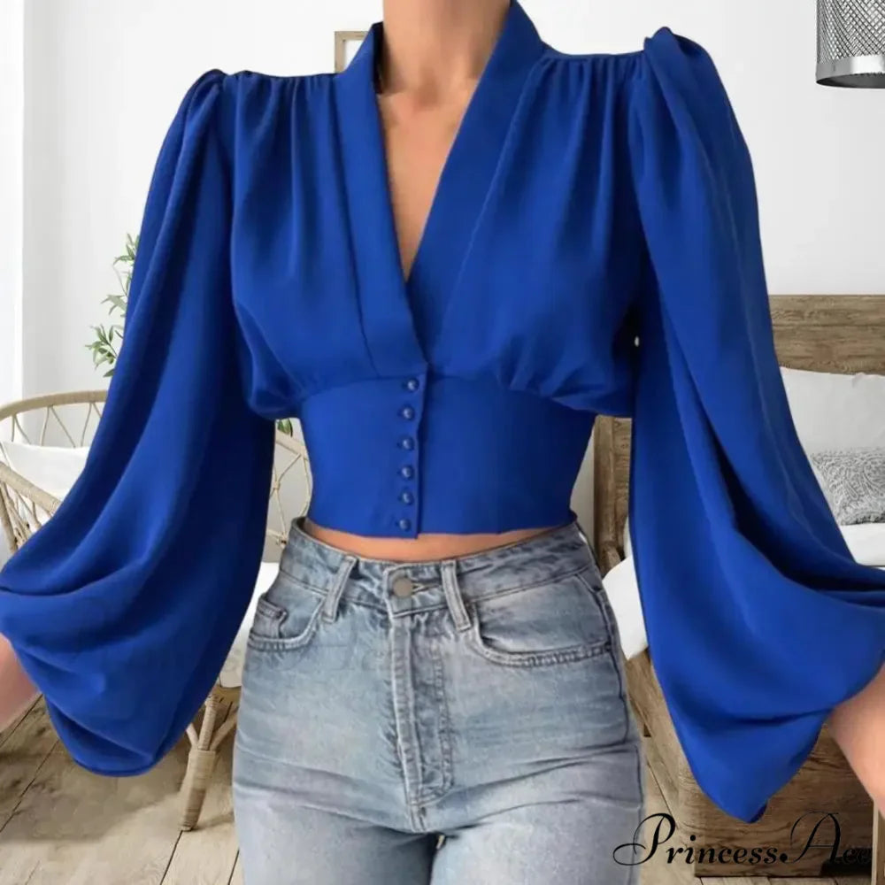 Tight Fit V Neck Cropped Lantern Blouse
