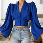 Tight Fit V Neck Cropped Lantern Blouse