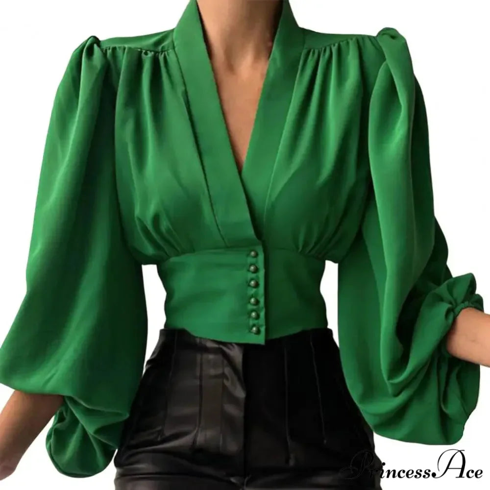 Tight Fit V Neck Cropped Lantern Blouse