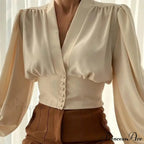Tight Fit V Neck Cropped Lantern Blouse
