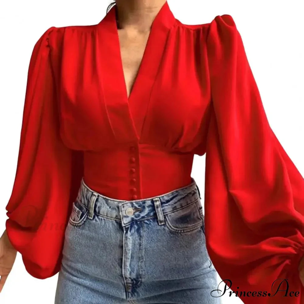 Tight Fit V Neck Cropped Lantern Blouse