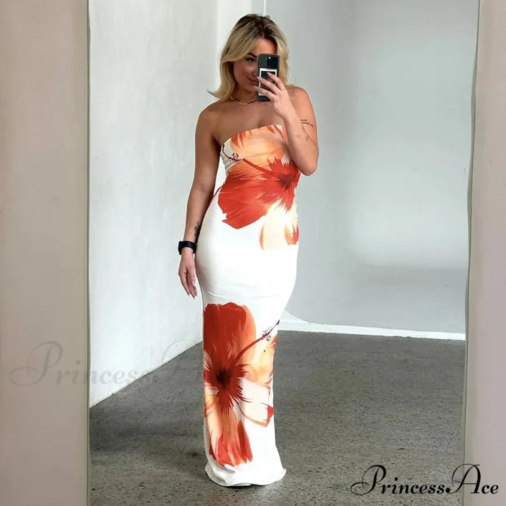 Tight-fitting Flower Pattern Strapless Informal Seaside Flower Dress