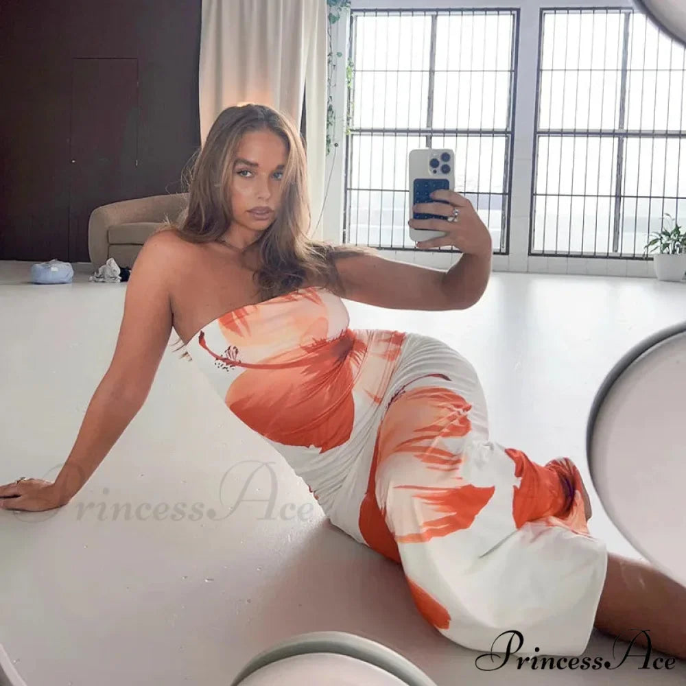 Tight-fitting Flower Pattern Strapless Informal Seaside Flower Dress