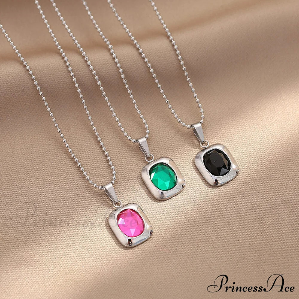 Titanium Steel Colorful Crystal Pendant Necklaces