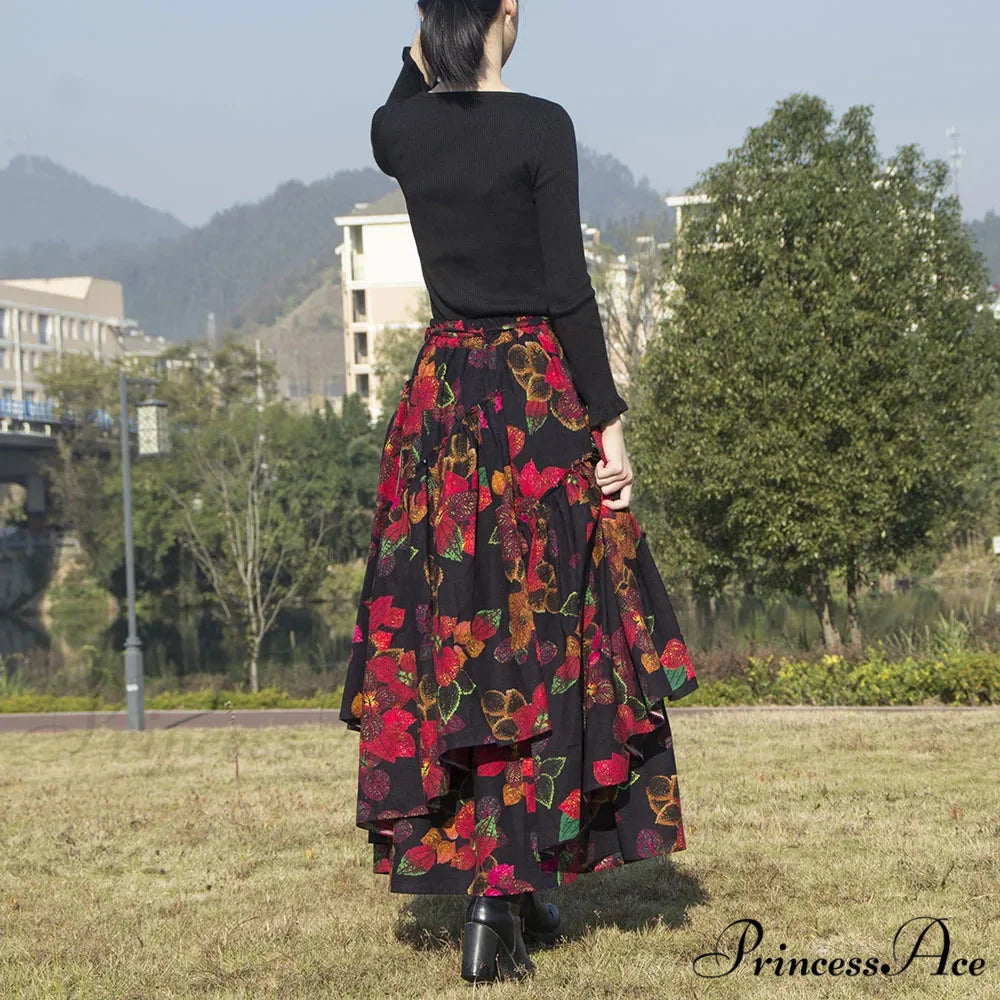 TIYIHAILEY Flower Pattern Long Skirt Stretchy Waist Cotton Linen