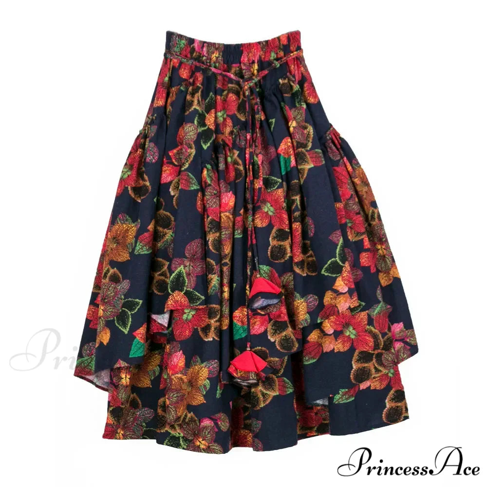 TIYIHAILEY Flower Pattern Long Skirt Stretchy Waist Cotton Linen