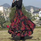 TIYIHAILEY Flower Pattern Long Skirt Stretchy Waist Cotton Linen
