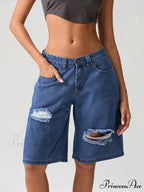 Torn Button Mid-Length Denim Short
