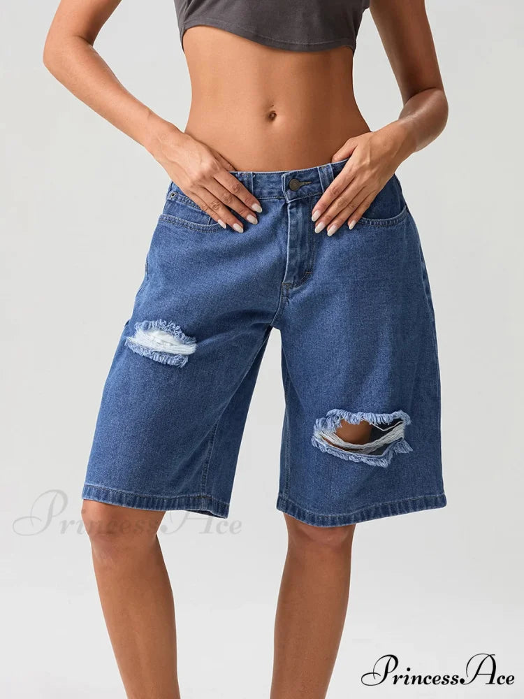 Torn Button Mid-Length Denim Short