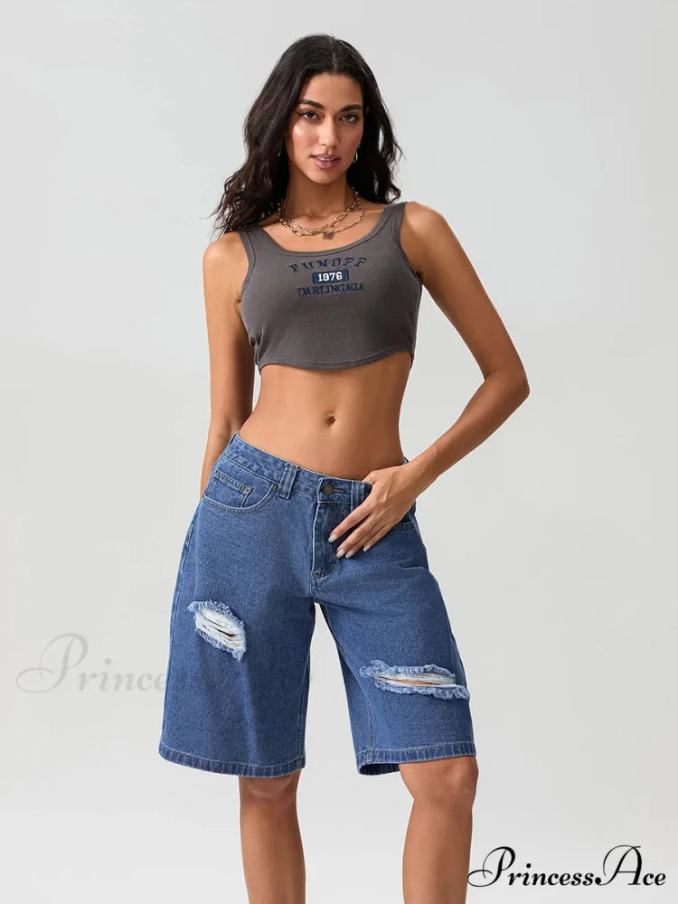 Torn Button Mid-Length Denim Short