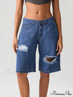 Torn Button Mid-Length Denim Short