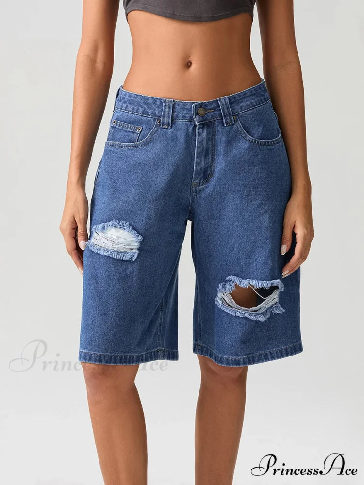 Torn Button Mid-Length Denim Short