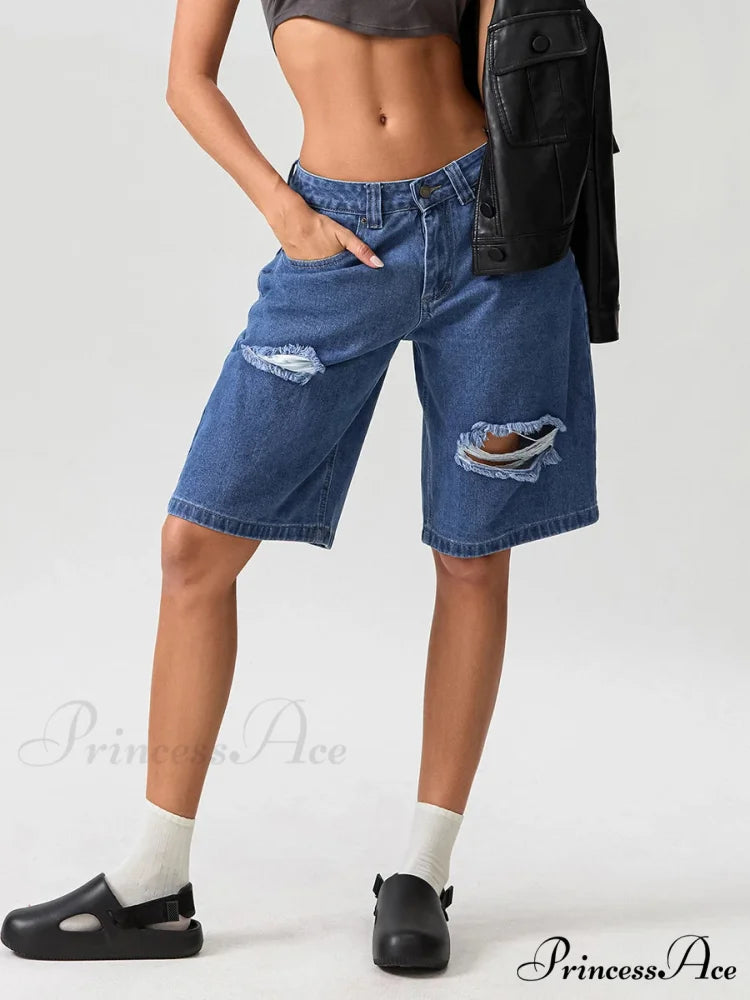Torn Button Mid-Length Denim Short
