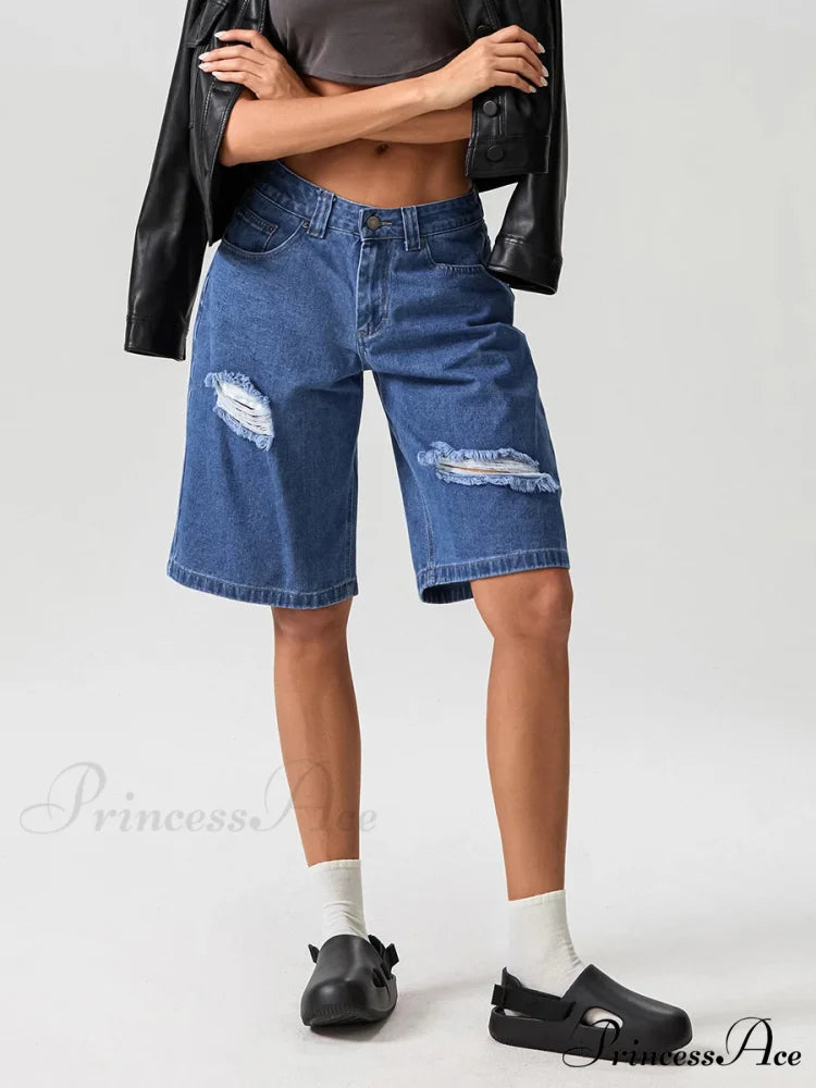 Torn Button Mid-Length Denim Short
