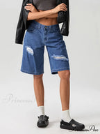 Torn Button Mid-Length Denim Short