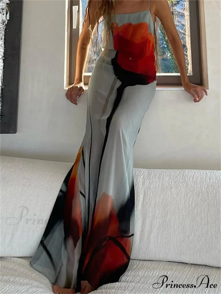 Transparent Abstract Floral Spaghetti Strap Flowy Beach Vacation Dress