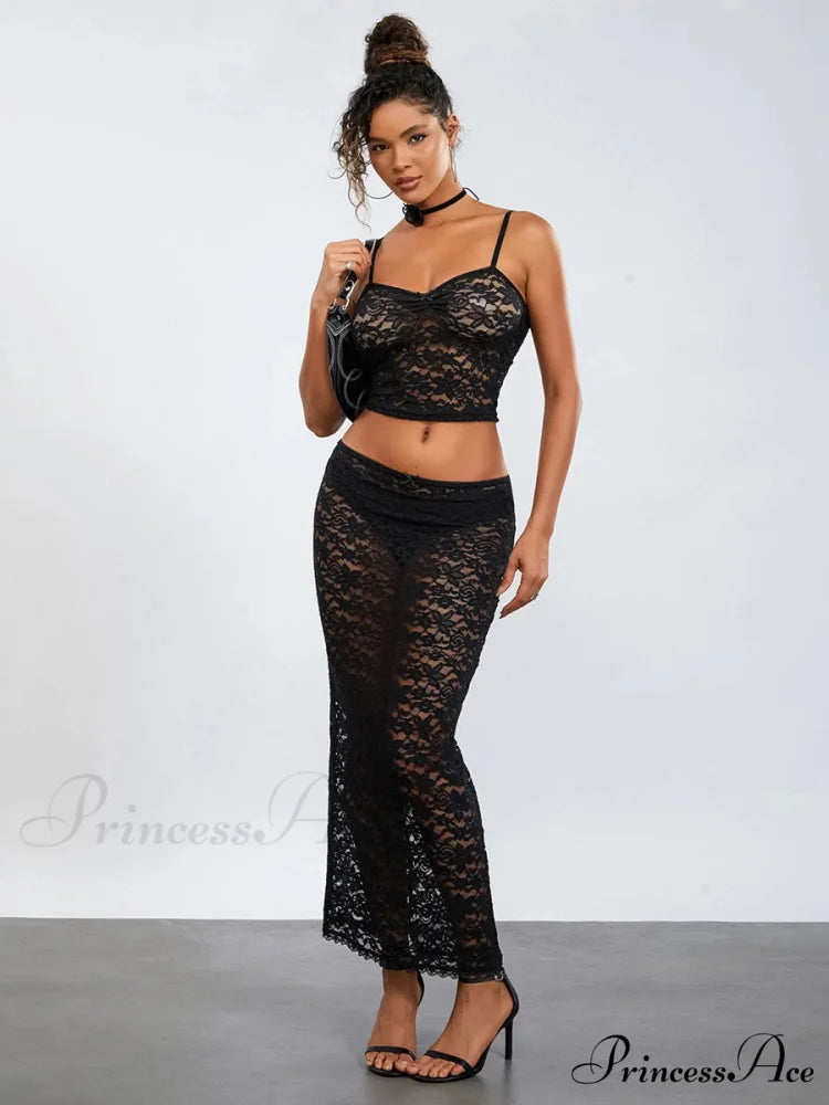 Transparent Ebony Lace Crochet Camisole Crop Top Lengthy Floral Skirt