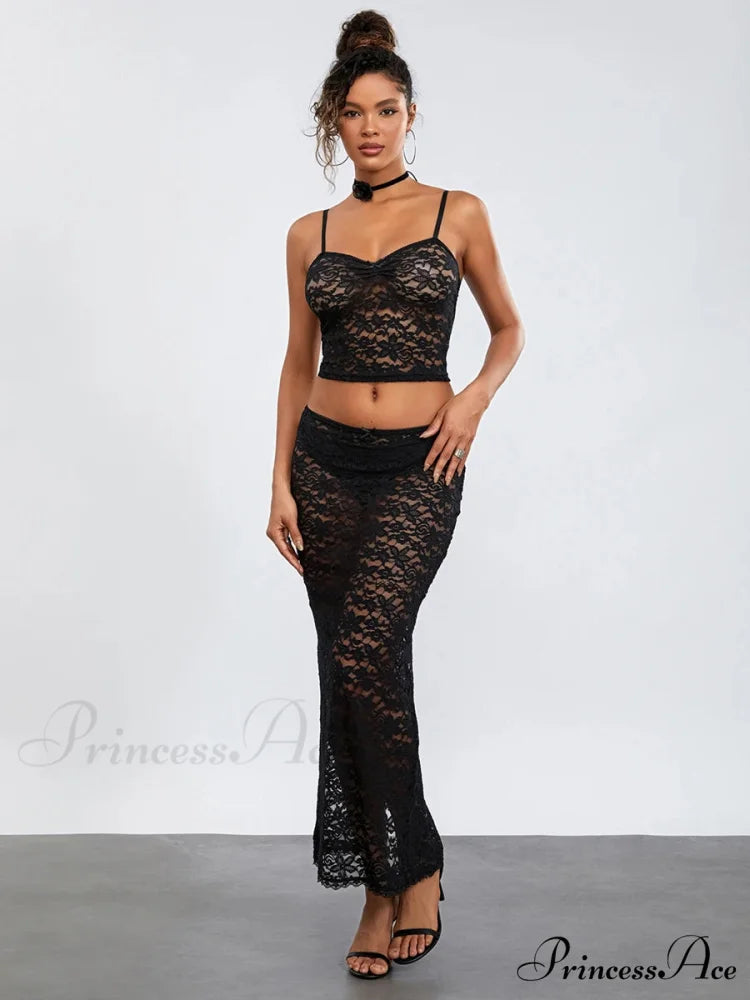 Transparent Ebony Lace Crochet Camisole Crop Top Lengthy Floral Skirt