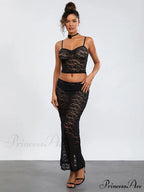 Transparent Ebony Lace Crochet Camisole Crop Top Lengthy Floral Skirt